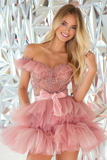 Blush Off The Shoulder Ruffled Homecoming Dress with Appliques